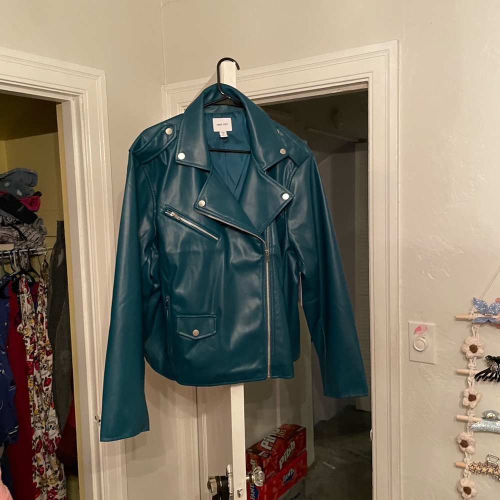 Teal Nine West faux-leather moto jacket